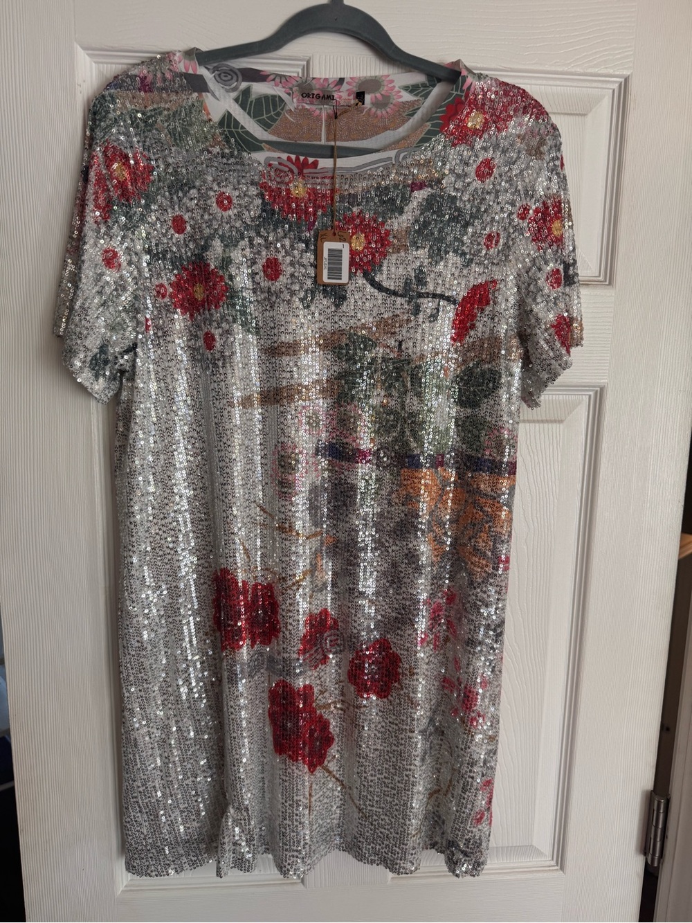 Sequined Silver Mini Dress with Red Floral Accents